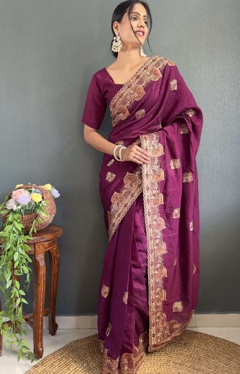 DESIGNER VICHITRA SILK ZARI AND STONE WORK WITH CUT WORK BORDER READY TO WEAR SAREE WITH UNSTITCHED BLOUSE  WINE