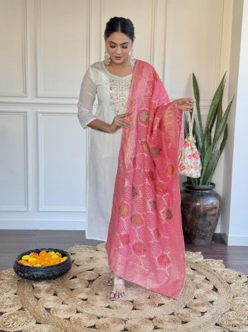 DESIGNER VISCOSE CHANDERI SEQUENCE EMBROIDERY WITH REAL MIRROR WORK TOP BOTTOM WITH DUPATTA WHITE