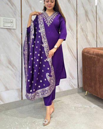 DESIGNER VISCOSE CHANDERI SEQUENCE CODING EMBROIDERY WORK TOP BOTTOM WITH DUPATTA PURPLE