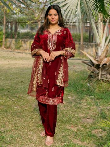 DESIGNER VISCOSE VELVET EMBROIDERY SEQUENCE WORK TOP BOTTOM WITH DUPATTA MAROON