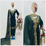 DESIGNER VISCOSE VELVET SEQUENCE EMBROIDERY WORK TOP PALAZZO WITH DUPATTA GREEN