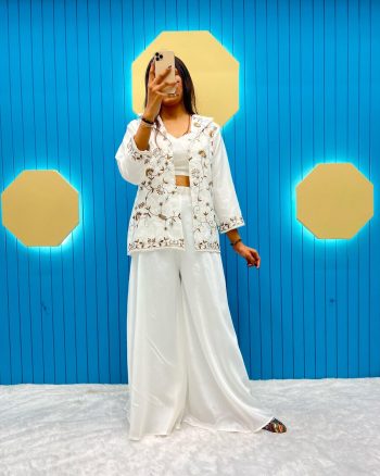 DESIGNER WEAR FLONA SILK SEQUENCE EMBROIDERY WORK KOTI BLOUSE WITH PALAZZO WHITE