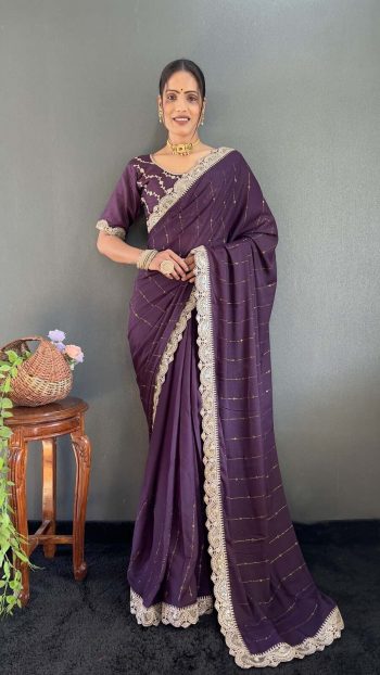 FABULOUS GEORGETTE SILK STONE WITH LACE WORK READY TO WEAR SAREE WITH UNSTITCHED BLOUSE WINE
