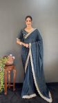 FABULOUS GEORGETTE SILK STONE WITH LACE WORK READY TO WEAR SAREE WITH UNSTITCHED BLOUSE TEAL