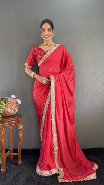 FABULOUS GEORGETTE SILK STONE WITH LACE WORK READY TO WEAR SAREE WITH UNSTITCHED BLOUSE RED