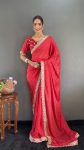FABULOUS GEORGETTE SILK STONE WITH LACE WORK READY TO WEAR SAREE WITH UNSTITCHED BLOUSE RED