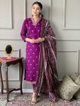 FANCY CHANDERI SILK EMBROIDERY WORK TOP BOTTOM WITH DUPATTA WINE