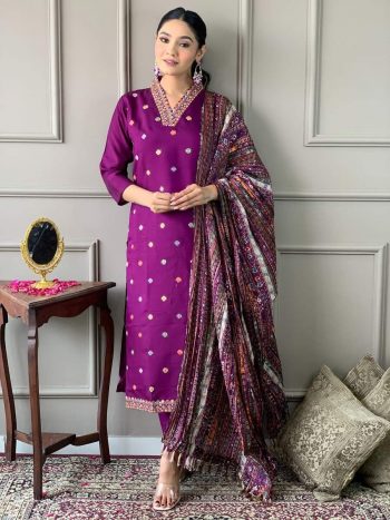 FANCY CHANDERI SILK EMBROIDERY WORK TOP BOTTOM WITH DUPATTA WINE