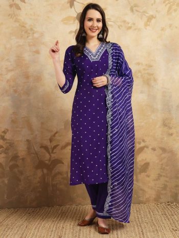 FANCY CHANDERI SILK EMBROIDERY WORK TOP BOTTOM WITH TABBY SILK DUPATTA PURPLE