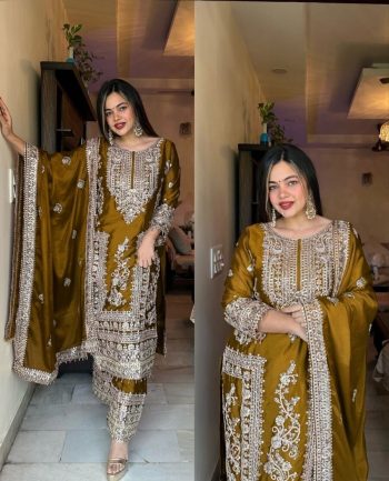 FANCY CHINON EMBROIDERY CODING DORI SEQUENCE WORK TOP PALAZZO WITH DUPATTA MUSTARD