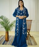 FANCY CHINON EMBROIDERY SEQUENCE WORK BLOUSE PALAZZO WITH SHRUG BLUE