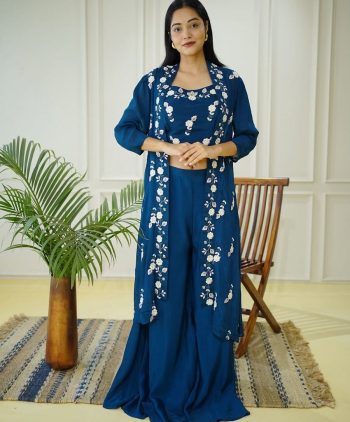 FANCY CHINON EMBROIDERY SEQUENCE WORK BLOUSE PALAZZO WITH SHRUG BLUE
