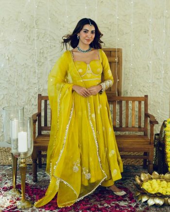 FANCY CHINON EMBROIDERY SEQUENCE WORK GOWN BOTTOM WITH DUPATTA YELLOW