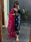 FANCY CHINON EMBROIDERY SEQUENCE WORK TOP BOTTOM WITH DUPATTA NAVY BLUE