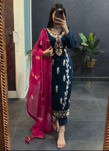 FANCY CHINON EMBROIDERY SEQUENCE WORK TOP BOTTOM WITH DUPATTA NAVY BLUE