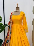 FANCY CHINON LACE WORK PLAIN GOWN WITH BOTTOM AND DITITAL PRINTED DUPATTA PARTY WEAR WHOLESALE PRICE ETHNIC GARMENT (3)