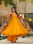 FANCY CHINON LACE WORK PLAIN GOWN WITH BOTTOM AND DITITAL PRINTED DUPATTA YELLOW