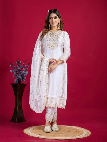 FANCY CHINON SILK EMBROIDERY SEQUENCE CODING WORK TOP BOTTOM WITH DUPATTA WHITE