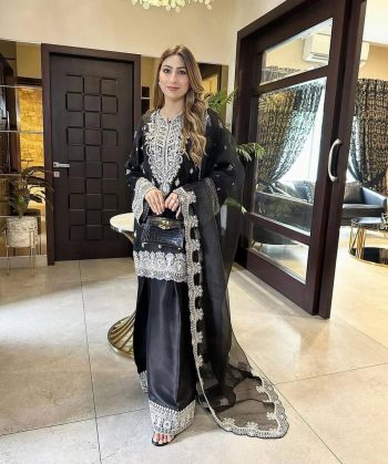 FANCY CHINON SILK EMBROIDERY SEQUENCE WORK TOP PALAZZO WITH DUPATTA BLACK