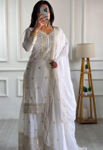 FANCY CHINON SILK EMBROIDERY SEQUENCE WORK TOP SHARARA WITH DUPATTA YELLOW WHITE