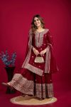 FANCY CHINON SILK EMBROIDERY SEQUENCE WORK TOP SHARARA WITH DUPATTA YELLOW MAROON