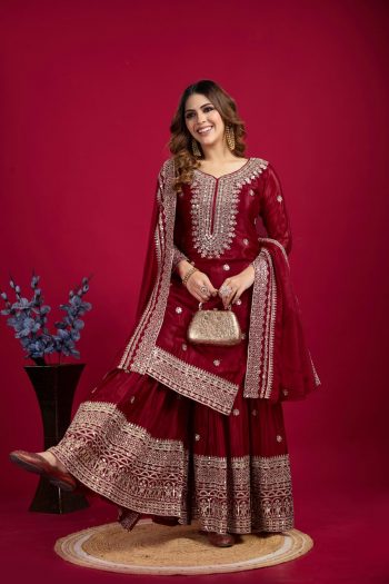FANCY CHINON SILK EMBROIDERY SEQUENCE WORK TOP SHARARA WITH DUPATTA YELLOW MAROON
