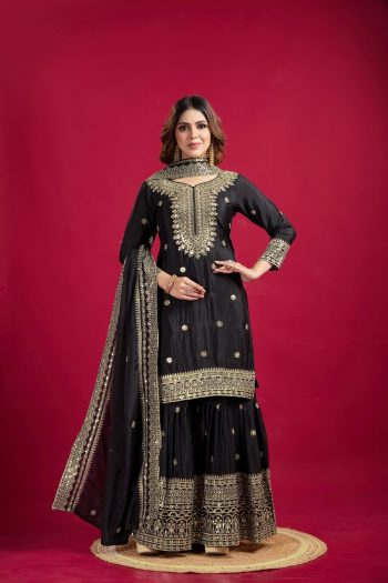 FANCY CHINON SILK EMBROIDERY SEQUENCE WORK TOP SHARARA WITH DUPATTA YELLOW BLACK