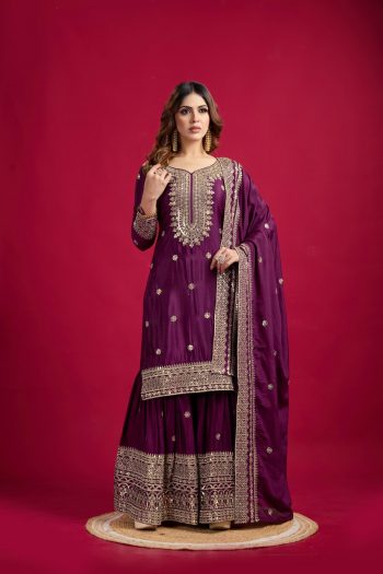 FANCY CHINON SILK EMBROIDERY SEQUENCE WORK TOP SHARARA WITH DUPATTA PURPLE