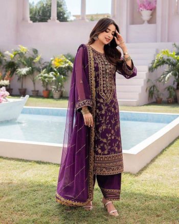 FANCY CHINON SILK SEQUENCE EMBROIDERY WORK TOP PALAZZO WITH DUPATTA WINE