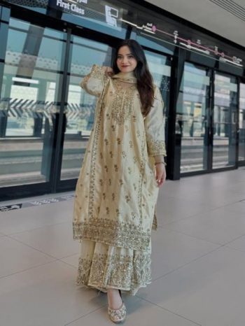 FANCY CHINON SILK SEQUENCE EMBROIDERY WORK TOP SHARARA WITH DUPATTA OFF WHITE