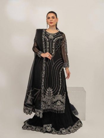 FANCY CHINON ZARI EMBROIDERY LACE WORK TOP PALAZZO WITH DUPATTA BLACK