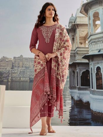 FANCY COTTON SILK EMBROIDREY WORK TOP BOTTOM WITH DUPATTA BROWN