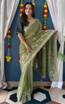 FANCY CRUNCHY SILK SEQUENCE EMBROIDERY WORK SAREE WITH UNSTITCHED BLOUSE PARROT GREEN