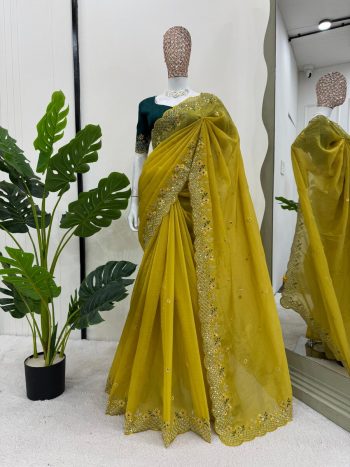 TRENDING CRUNCHY SILK EMBROIDREY SEQUENCE WORK SAREE WITH UNSTITCHED BLOUSE YELLOW