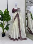 FANCY CRUNCHY SILK THREAD SEQUENCE WORK SAREE WITH UNSTITCHED BLOUSE WHITE