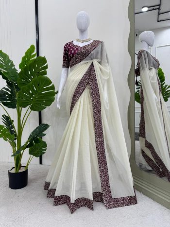 FANCY CRUNCHY SILK THREAD SEQUENCE WORK SAREE WITH UNSTITCHED BLOUSE WHITE