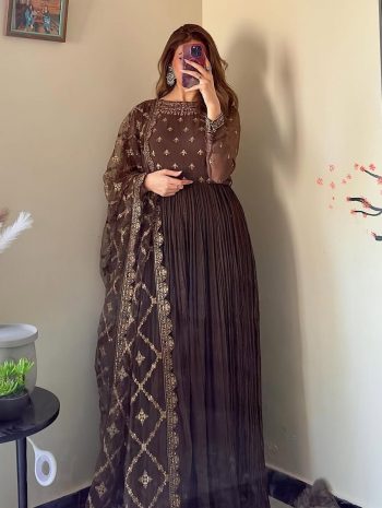 FANCY CRUSH CHINON SILK EMBROIDERY WORK GOWN BOTTOM WITH DUPATTA COFFEE