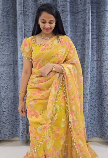 FANCY GEORGETTE DIGITAL PRINTED GOWN SAREE WITH ATTACHED DUPATTA YELLOW