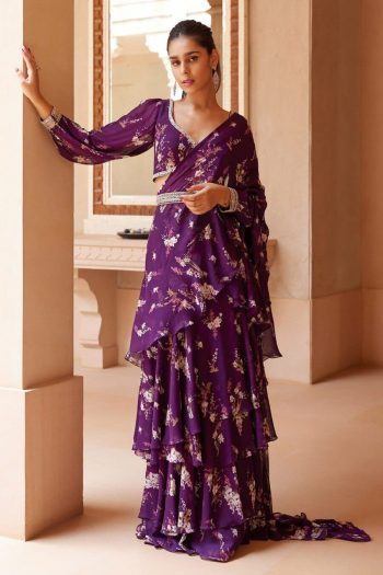 FANCY GEORGETTE DIGITAL PRINTED RUFFLE WORK LEHENGA SAREE WITH STITCHED BLOUSE AND BELT PURPLE