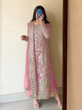 FANCY GEORGETTE EMBROIDERY DIAMOND HAND WORK TOP PALAZZO WITH DUPATTA BABY PINK