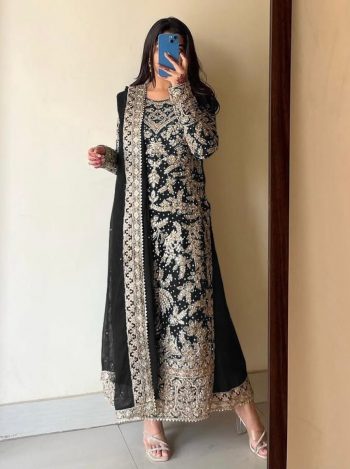 FANCY GEORGETTE EMBROIDERY DIAMOND HAND WORK TOP PALAZZO WITH DUPATTA BLACK