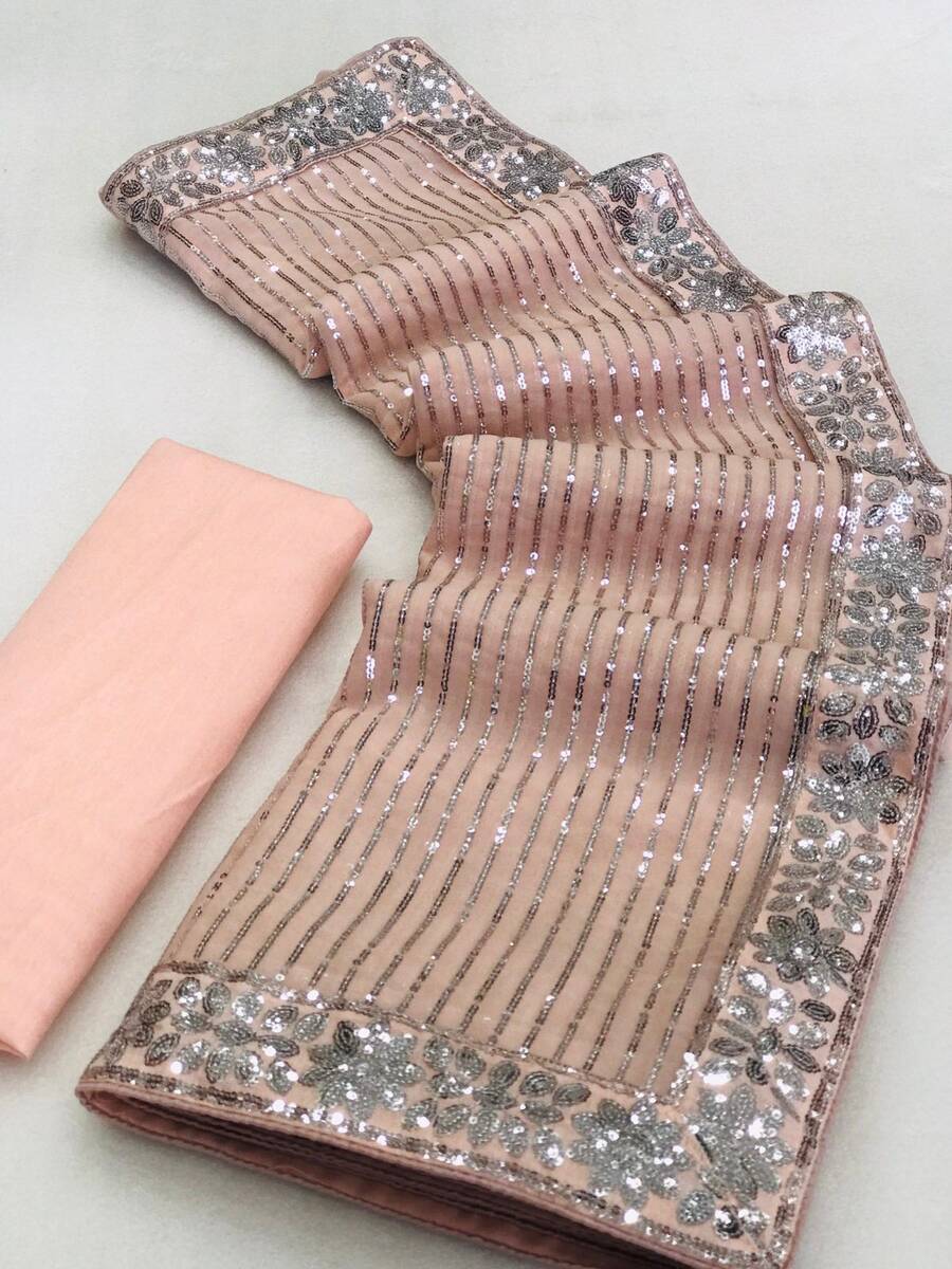 FANCY GEORGETTE EMBROIDERY SEQUENCE LACE WORK SAREE WITH UNSTITCHED BLOUSE PARTY WEAR WHOLESALE PRICE ETHNIC GARMENT (11)