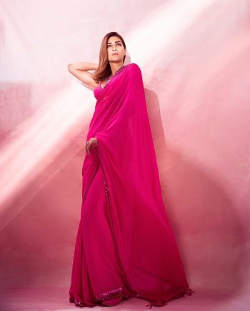 FANCY GEORGETTE EMBROIDERY SEQUENCE LACE WORK SAREE WITH UNSTITCHED BLOUSE RANI