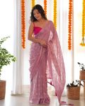 FANCY GEORGETTE EMBROIDERY THREAD SEQUENCE WORK SAREE WITH UNSTITCHED BLOUSE PINK