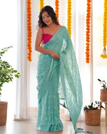 FANCY GEORGETTE EMBROIDERY THREAD SEQUENCE WORK SAREE WITH UNSTITCHED BLOUSE MINT