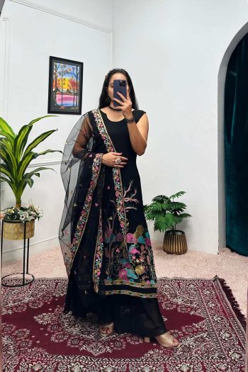 FANCY GEORGETTE EMBROIDERY WORK TOP LEHENGA WITH LACE WORK DUPATTA BLACK