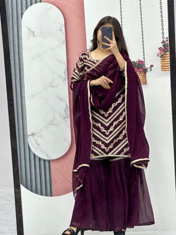 FANCY GEORGETTE EMBROIDERY SEQUENCE WORK TOP SHARARA WITH DUPATTA WINE