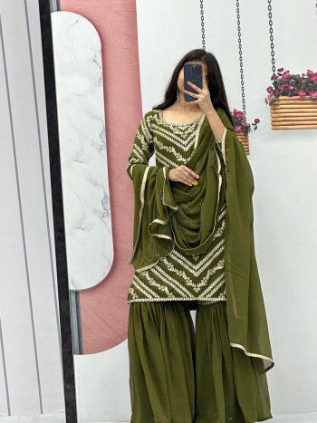FANCY GEORGETTE EMBROIDERY SEQUENCE WORK TOP SHARARA WITH DUPATTA MEHNDI