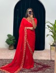 FANCY GEORGETTE FLAIRED LACE WORK GOWN SAREE WITH ATTACHED PALLU RED