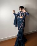 FANCY GEORGETTE RUFFLE EMBROIDERY MIRROR WORK LEHENGA SAREE WITH READY TO WEAR BLOUSE TEAL
